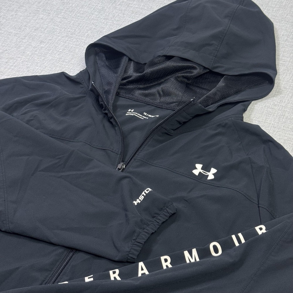 Under Armour Storm Windbreaker Jacket Womens 1X Black Hooded Full Zip Pockets